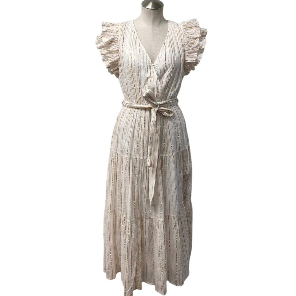 ASTR The Label Maxi Dress Womens Large Off White Gold‎ Metallic Stripe Ruffle